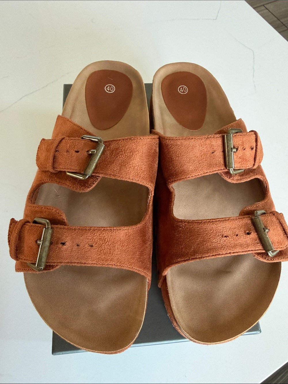 Platform Slide Sandals in Rust Suede